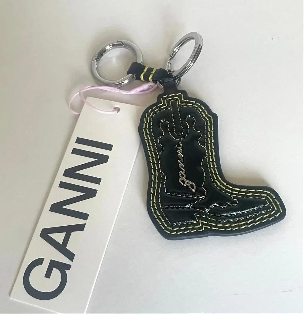 GANNI Western Boot Keyring Black Yellow Leather Bag Charm